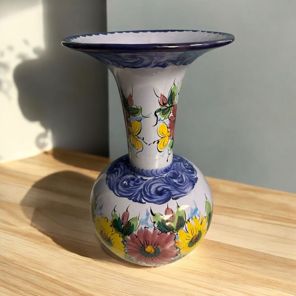 Vintage Alcobaca Portuguese Hand-painted Blue Floral Pottery Vase Large 16” Tall